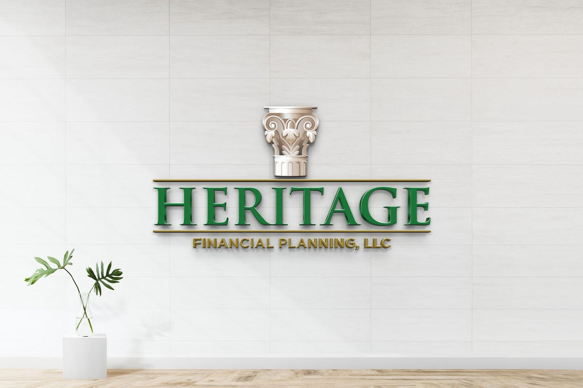 Green 'HERITAGE' wall logo with gold lines and column capital above, 'FINANCIAL PLANNING, LLC' on white tiles.