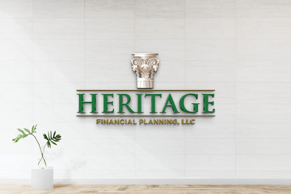 Green 'HERITAGE' wall logo with gold lines and column capital above, 'FINANCIAL PLANNING, LLC' on white tiles.
