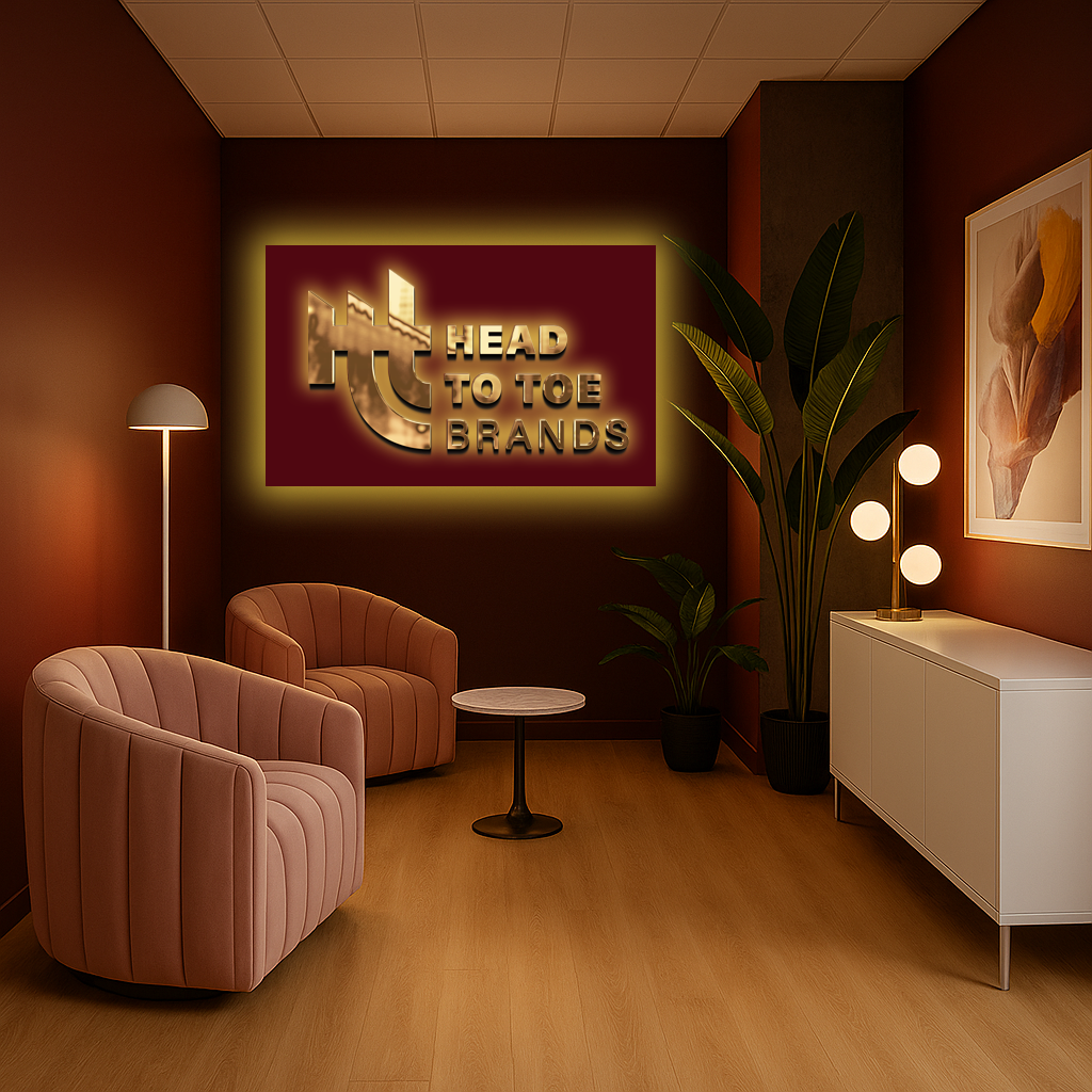 Cozy modern lounge with two blush pink velvet armchairs, round table, plants and illuminated Head to Toe Brands gold.