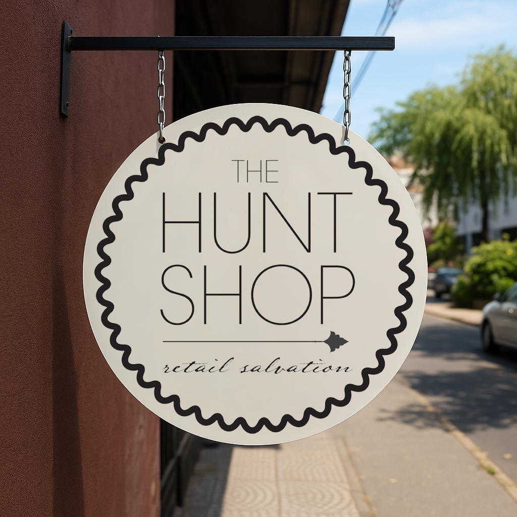 A round white hanging sign with scalloped black border reads 'THE HUNT SHOP' and 'retail salvation' on a maroon wall.