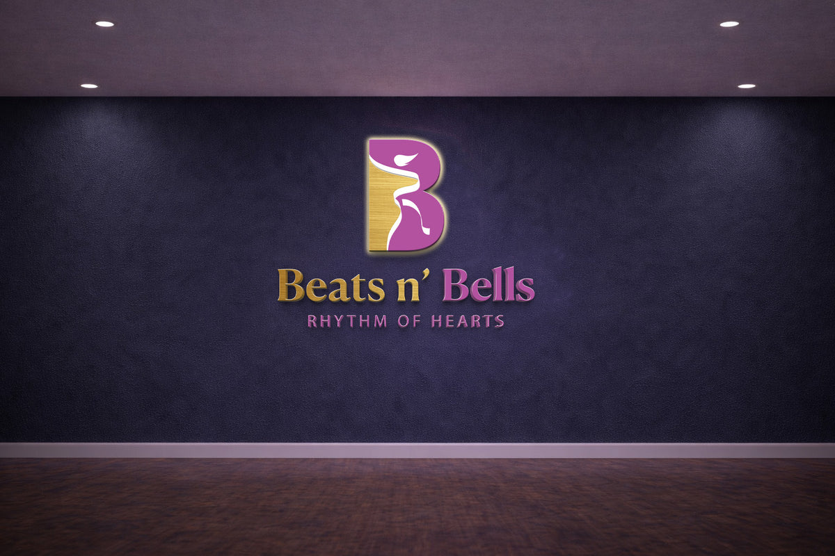 Gold and purple stylish B logo above Beats n' Bells in gold and pink with RHYTHM OF HEARTS tagline on dark textured.