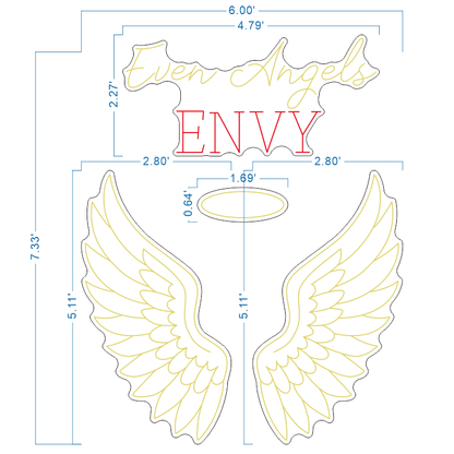 Dimension drawing of custom Volt Signs angel wings and halo with "Even Angels Envy" text signage measuring 7.33 by 6 feet.