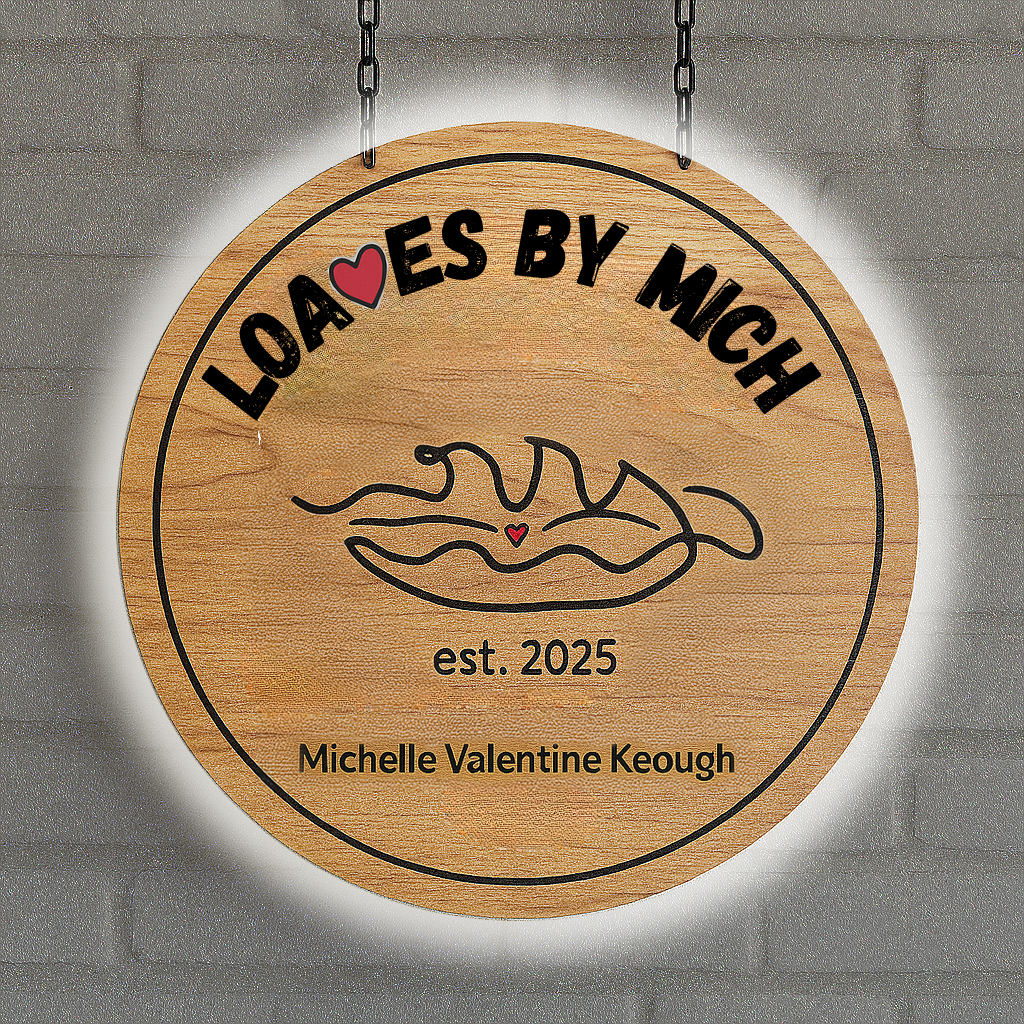 Round wooden sign hanging on chains reading 'LOAVES BY MICH', loaf sketch with red heart, est. 2025, Michelle Keough.
