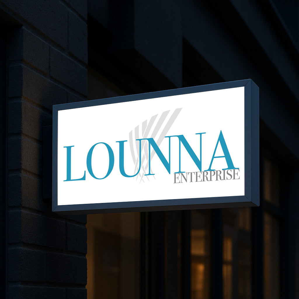 An illuminated rectangular sign on dark brick displays 'LOUNNA ENTERPRISE' in teal on a white panel.