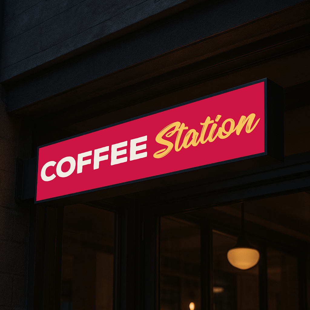 A red rectangular sign above a cafe entrance reads 'COFFEE' in bold white letters and 'Station' in yellow script.