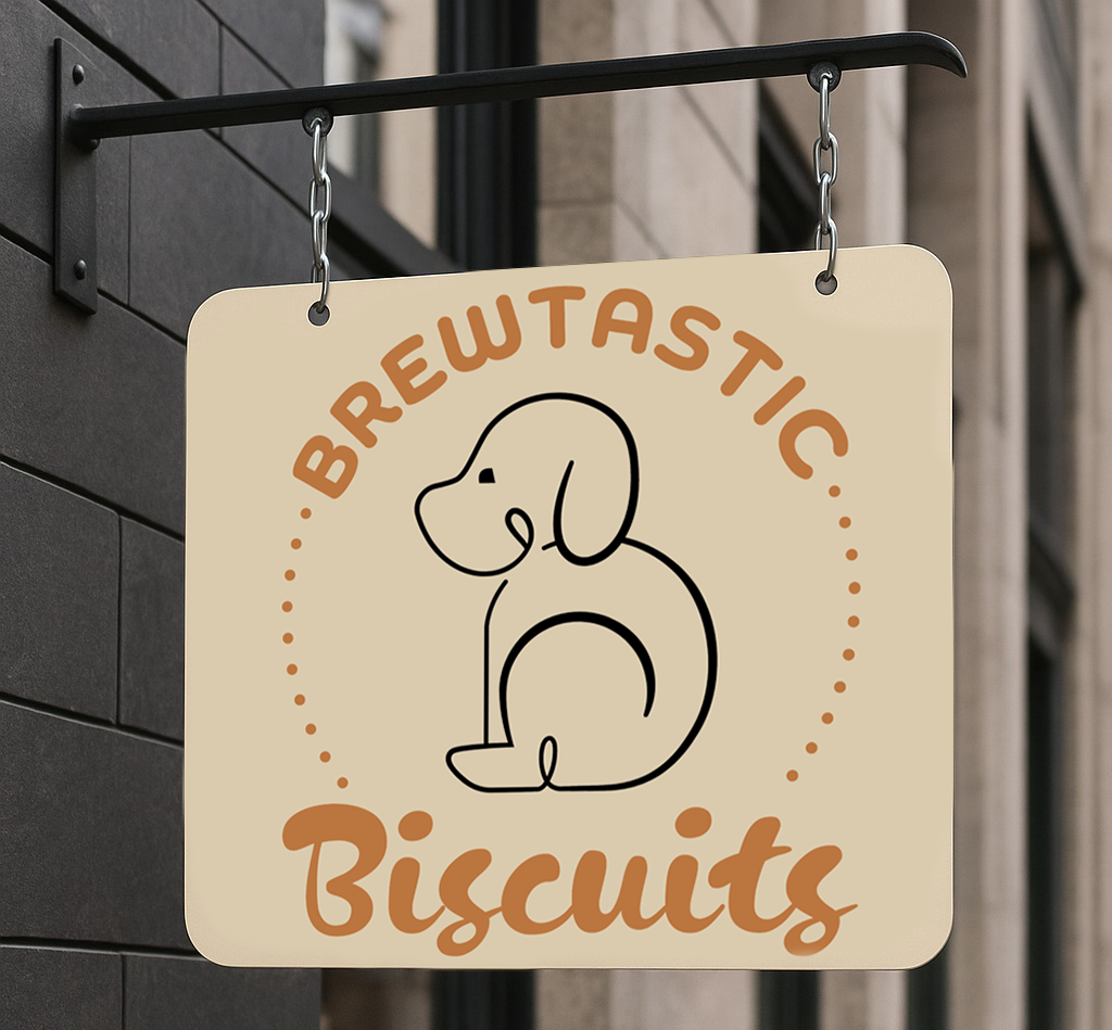 A beige hanging shop sign reads Brewtastic Biscuits with brown lettering and a simple line-drawn dog logo.