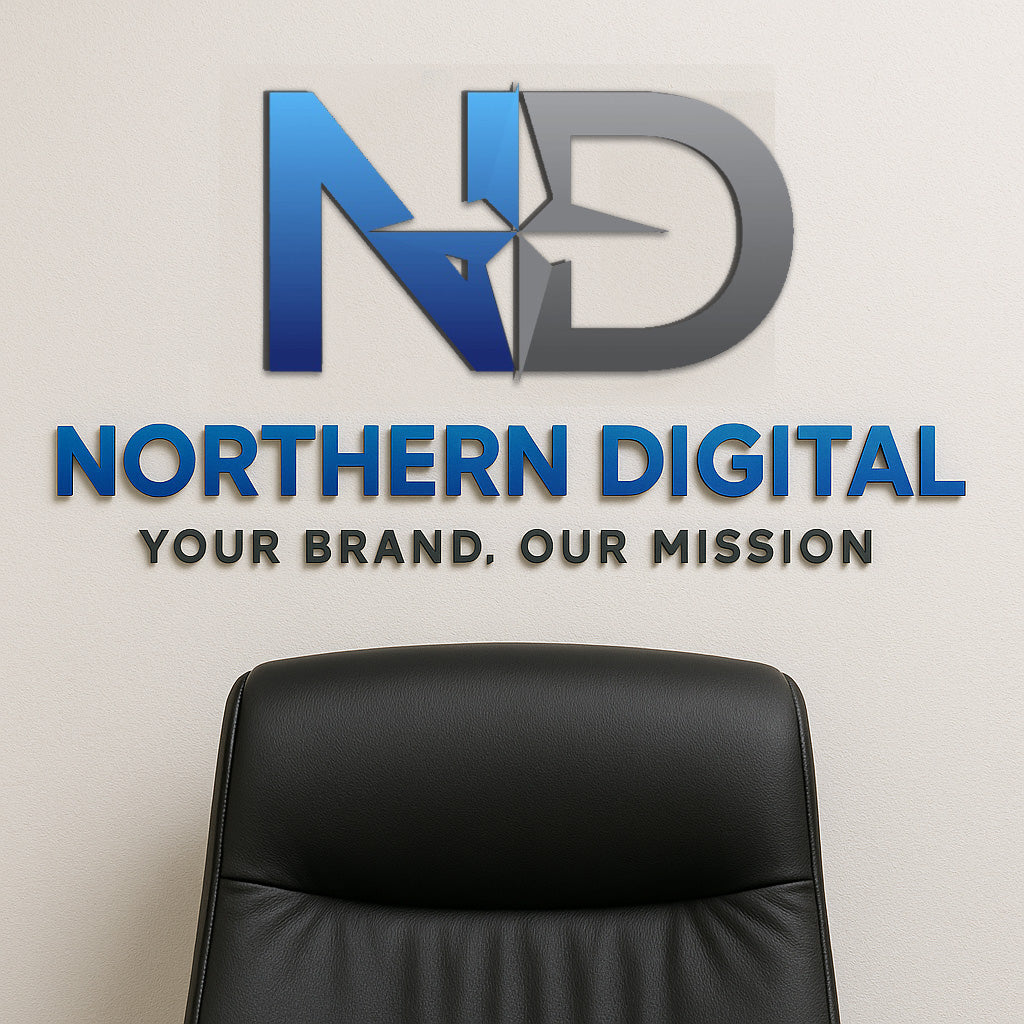 A blue and gray ND logo with 'Northern Digital' and tagline 'Your Brand, Our Mission' above a black office chair.