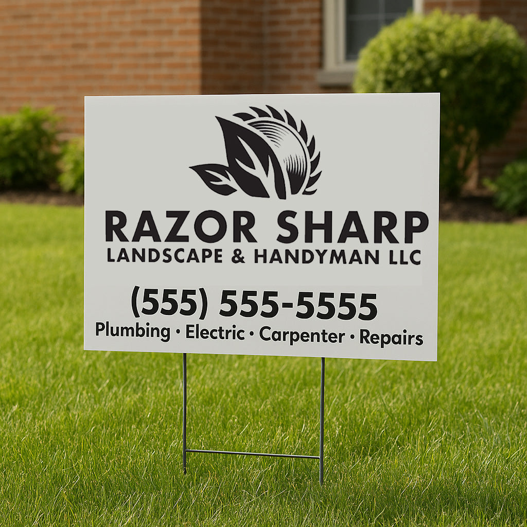 A white yard sign reads RAZOR SHARP Landscape & Handyman LLC with a black leaf logo, phone number and listed services.