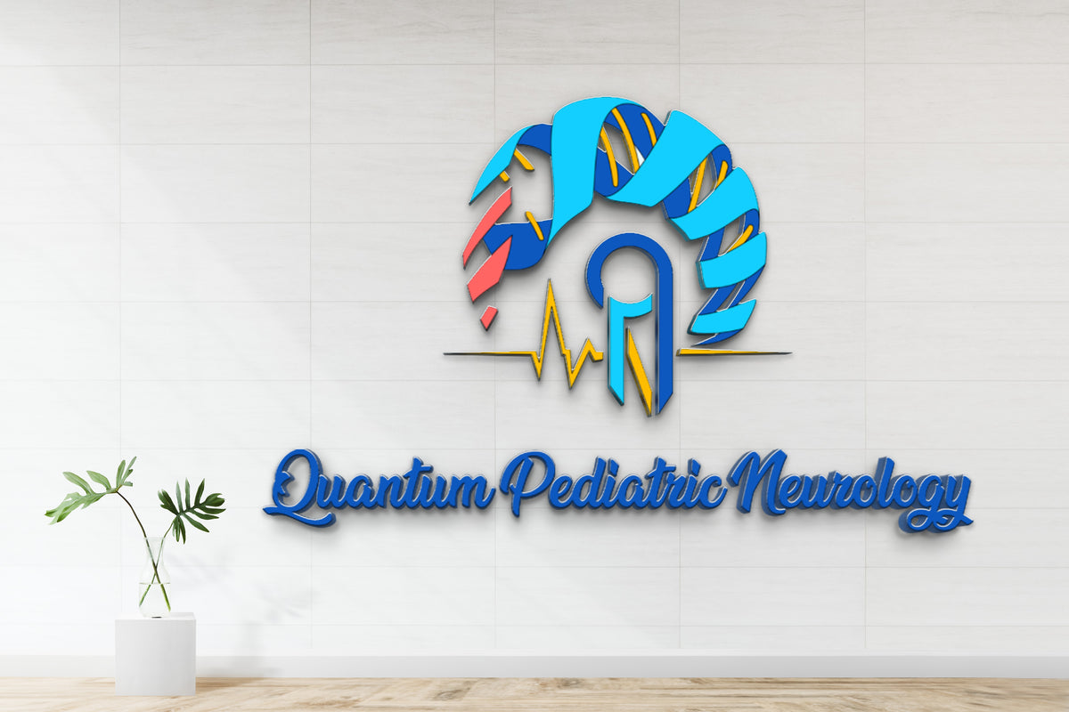 Quantum Pediatric Neurology logo on white wall: braided cyan-blue brain icon, yellow heartbeat line, vase with leaves.
