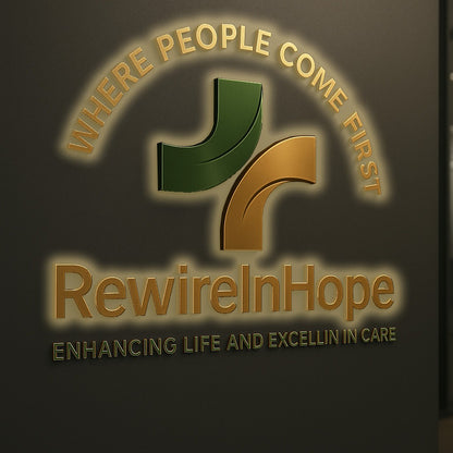 Gold and green RewireInHope wall logo reading 'WHERE PEOPLE COME FIRST' with gold tagline on dark background.