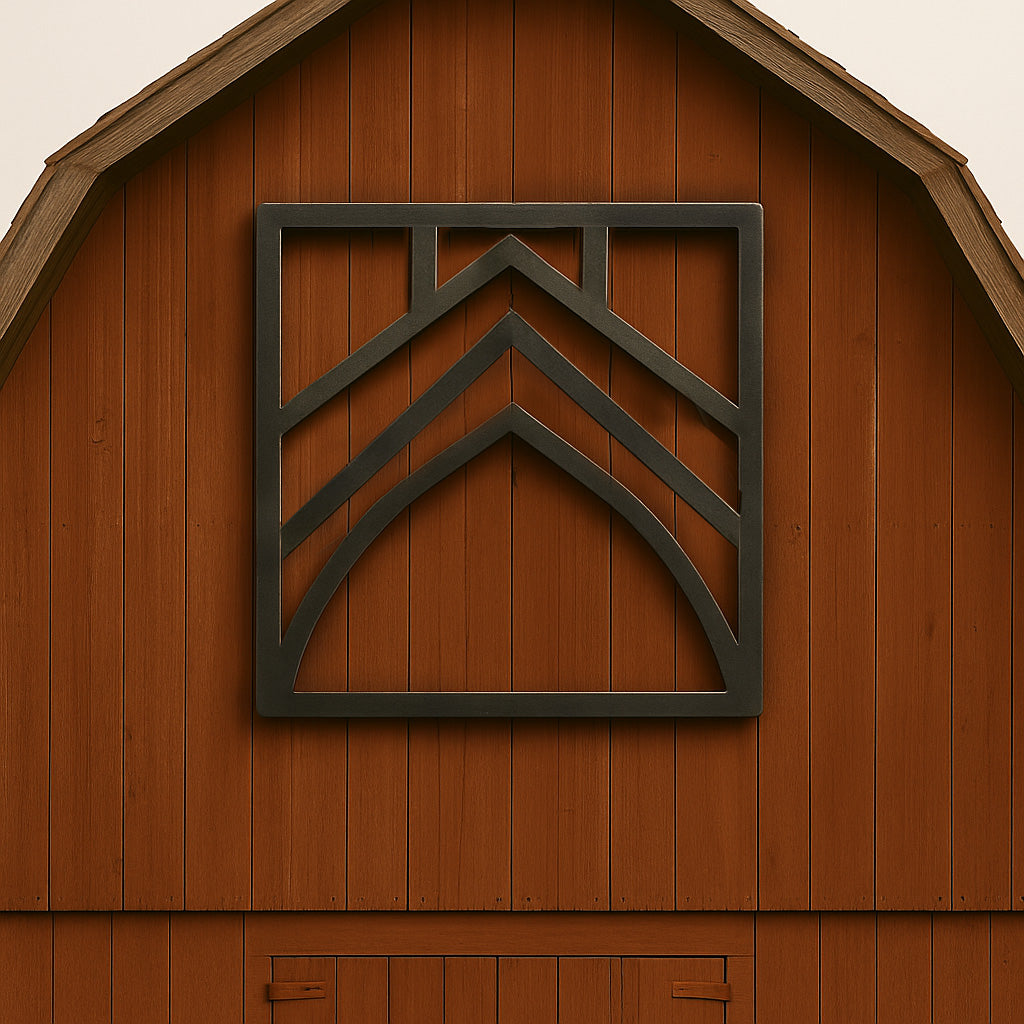 A rust-colored wooden barn facade with vertical planks, a black geometric metal wall emblem, and a small lower door.