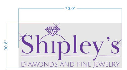 Gray sign mockup 70.0"×30.8" showing purple "Shipley's" logo with diamond icon and "DIAMONDS AND FINE JEWELRY" tagline.