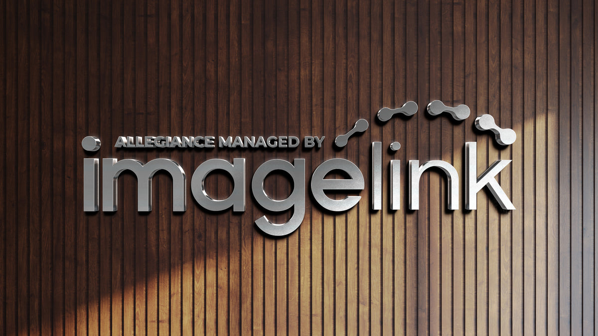 Silver 3D Imagelink logo with molecule nodes and ALLEGIANCE MANAGED BY text on dark wooden slats.