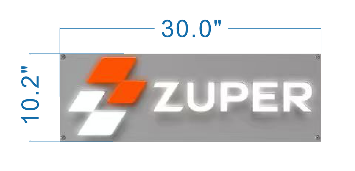 Size drawing of custom Zuper sign measuring 30 inches wide and 10.2 inches tall by Volt Signs with illuminated lettering